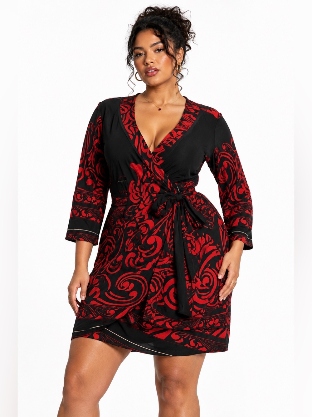 Y2K Vintage Coco & Tashi Brocade Abstract Swirl Faux Wrap Dress (Red/Black) L
